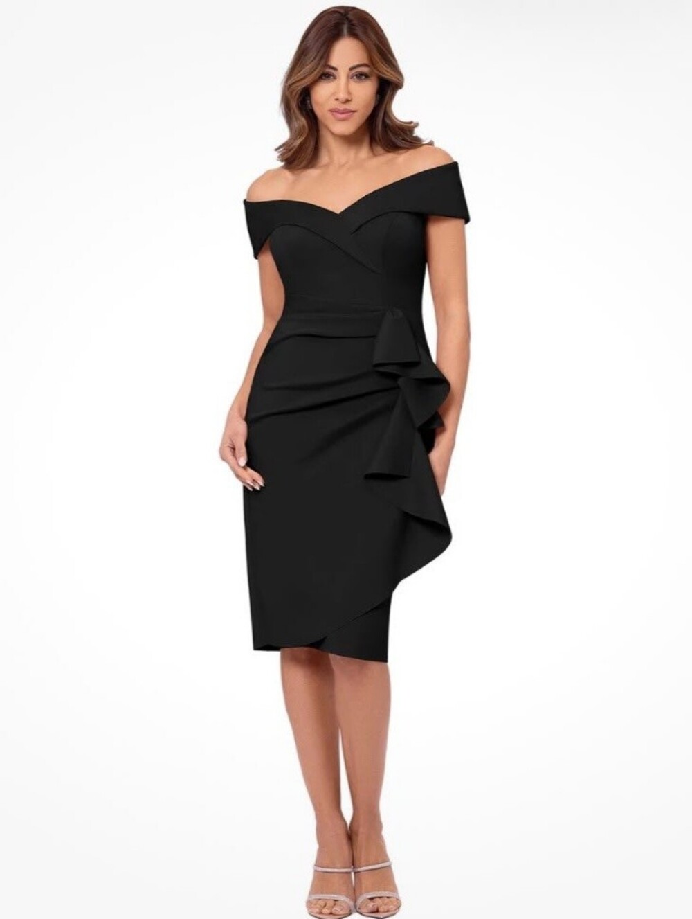 Xscape Black Ruffle Off The Shoulder Scuba Knit Coctail Dress